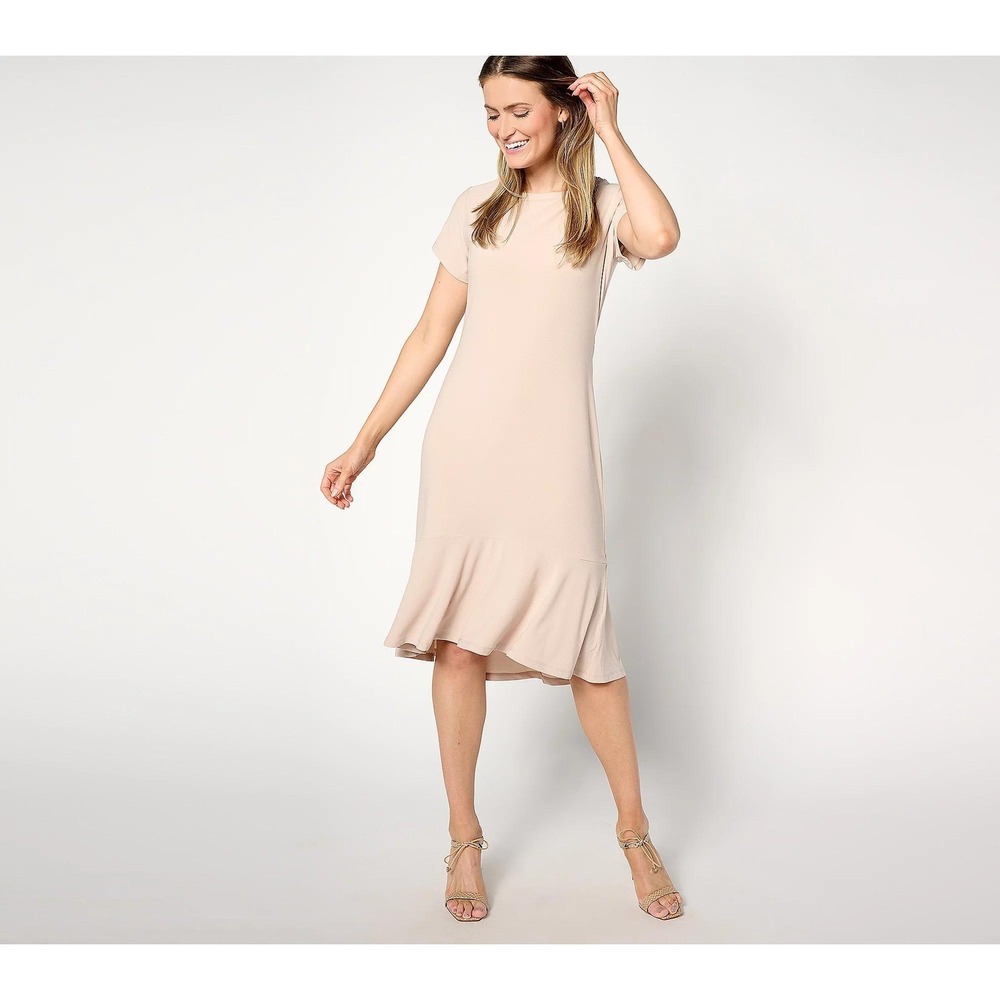 Dennis‎ Basso Caviar Knit Dress with Flounce Beige 1X